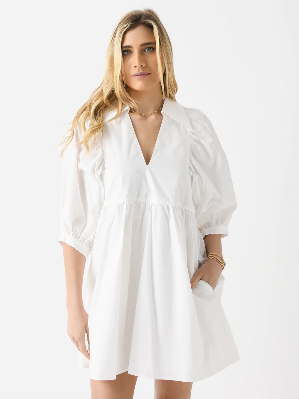 HUNTER BELL White V-Neck Puff Sleeve Mini Dress